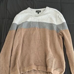 Express Tan and Gray Crew Neck Sweater with Color Block Design